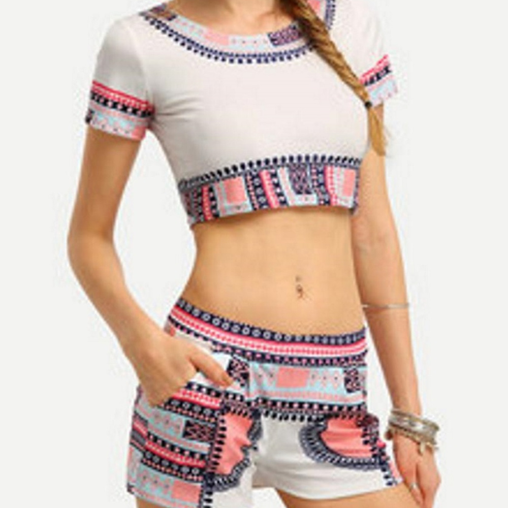 Tribal Print Crop Top Shorts Suit